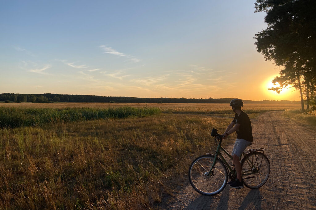 Rowerzysta na polu przy zachodzącym słońcu